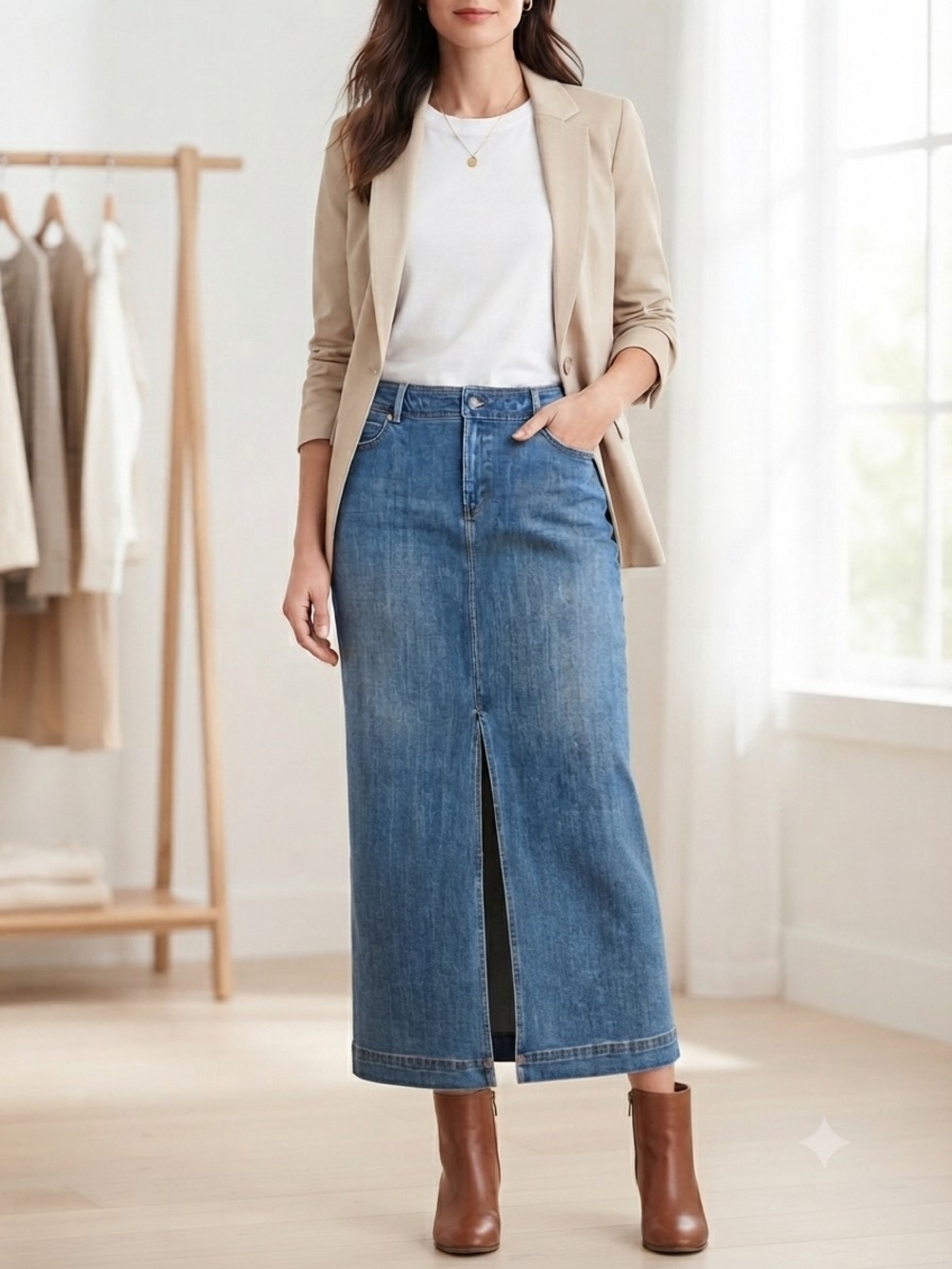 Talbots Classic Blue Denim Pencil Skirt with Front Slit – Size 16